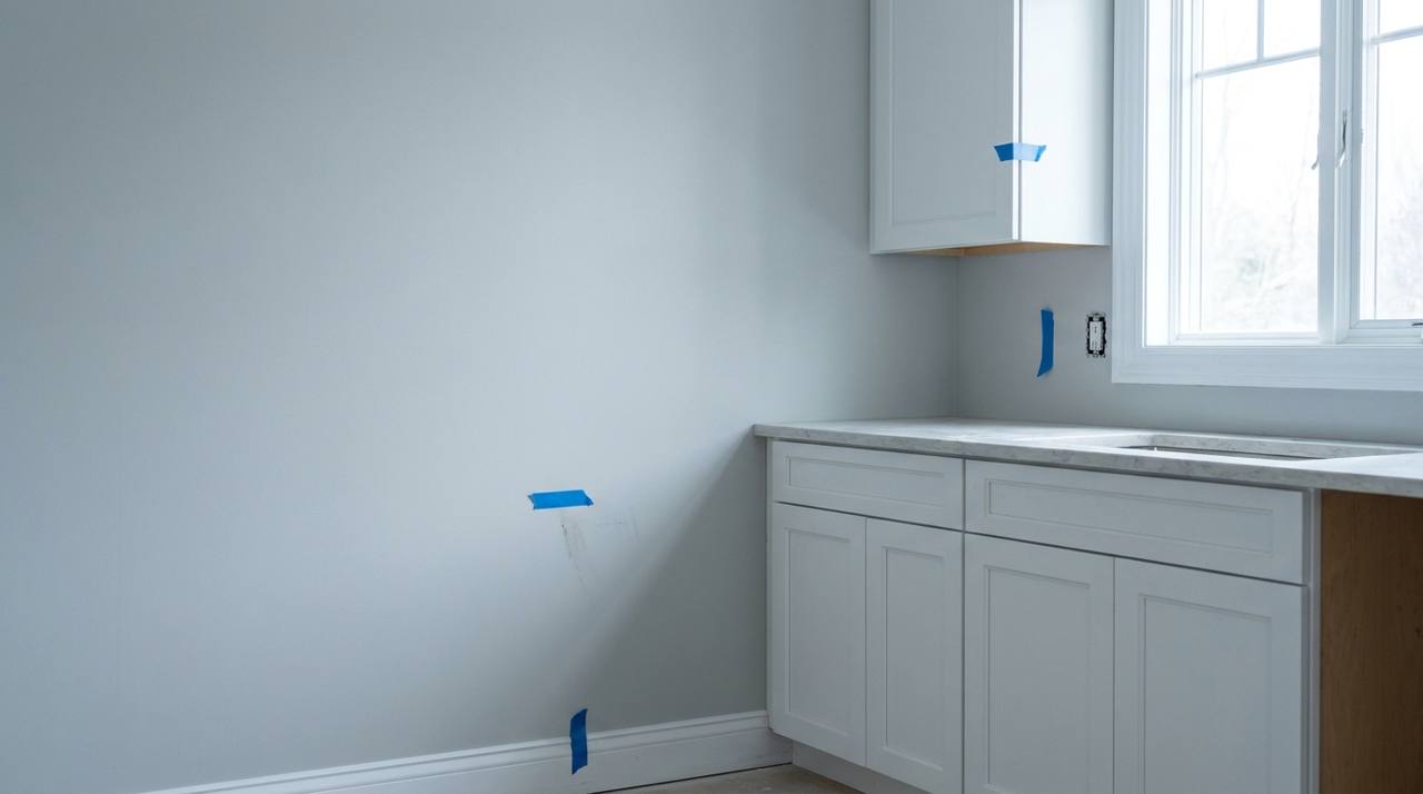 A primed kitchen wall and white cabinets with four strips of blue tape marking what is left to fix.